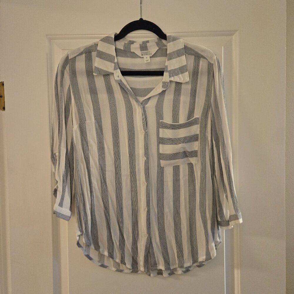 Market & Spruce Blue/White Striped Button-Up Top, Size M